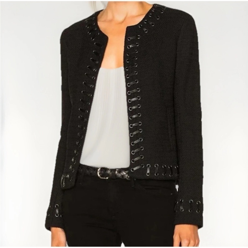 L’AGENCE Devereux Women's Navy Blue Lace-Up Bouclé Blazer Jacket Size 8